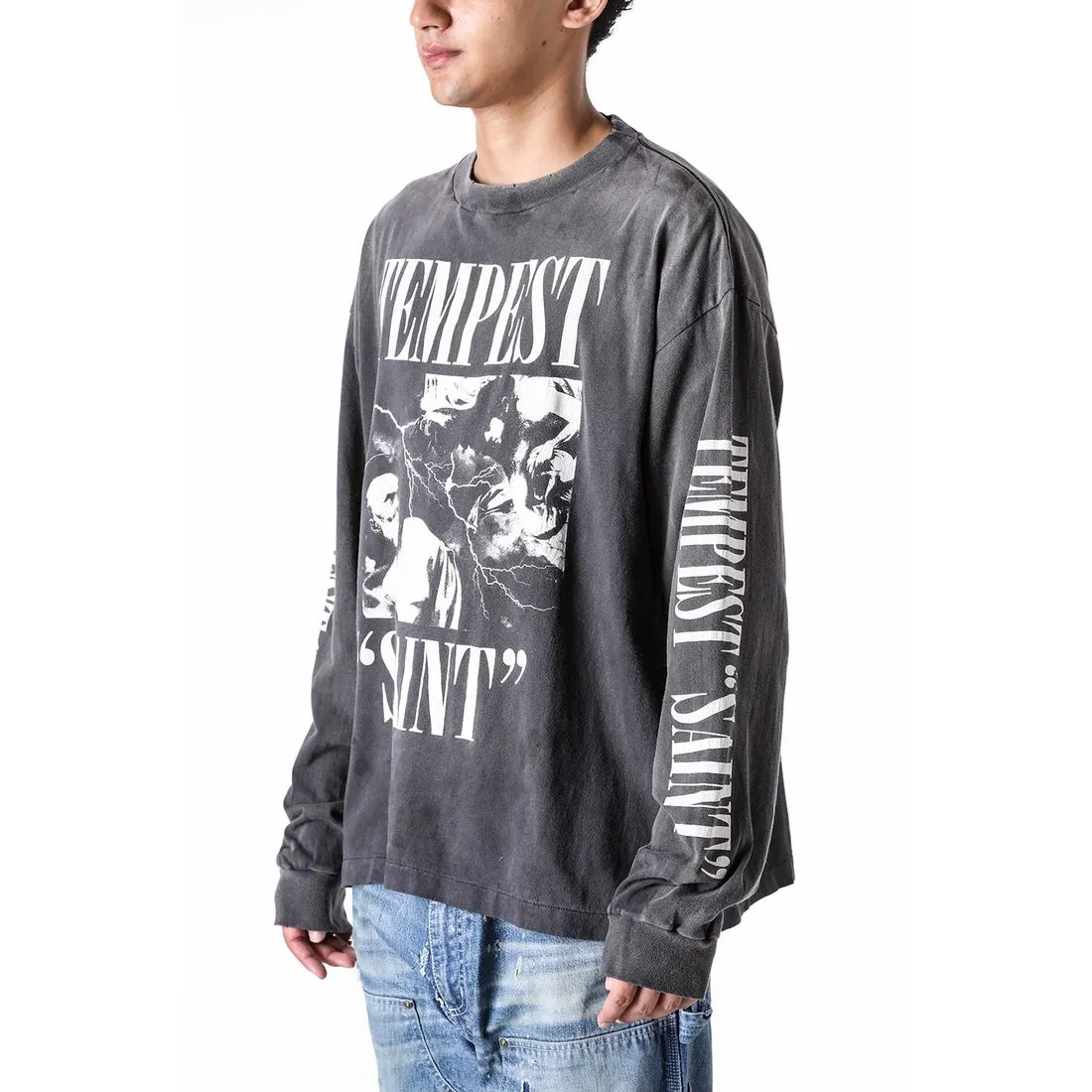 SAINT Mxxxxxx LS TEE/TEMPEST/BLK 'TEMPEST SAINT' Storm Religious Saints Cracked Retro Vulcanized Heavy Wash Long Sleeves Washed Black S-XL Assute Dyeing Multi-bit Horse Fading Craftsmanship Grinding and Hanging Holes Full of Old Feeling Top Printing Craftsmanship Purchasing Level